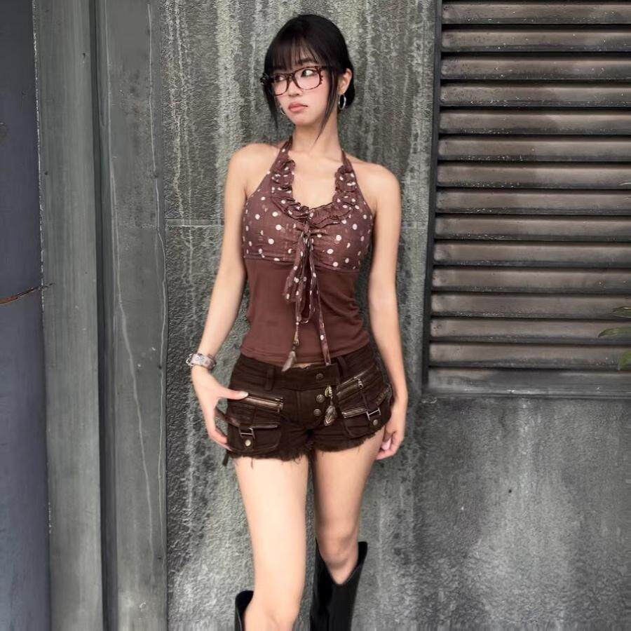 美式辣妹重工水洗低腰毛边牛仔超短裤女春夏新款修身显瘦包臀热裤