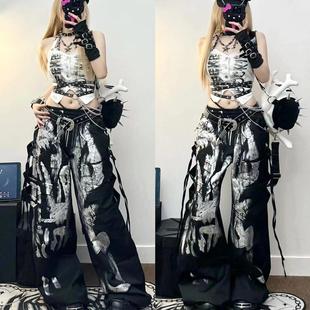 y2k亚比千禧辣妹重工刷银飘带抽绳工装裤女2025春设计感阔腿长裤
