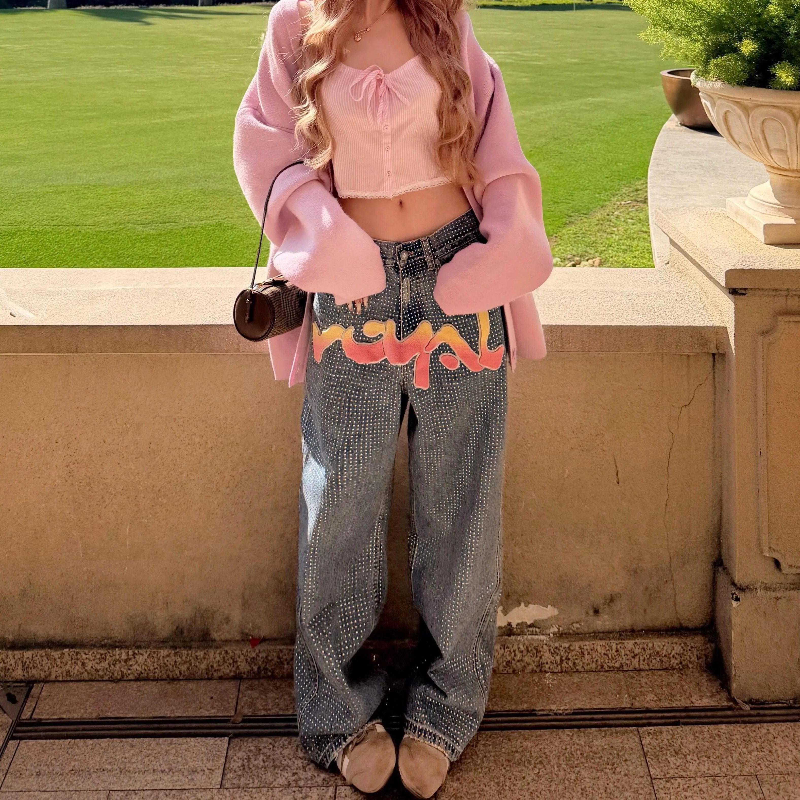 美式辣妹重工彩钻满钻刺绣牛仔裤女2026春秋新款设计宽松阔腿长裤