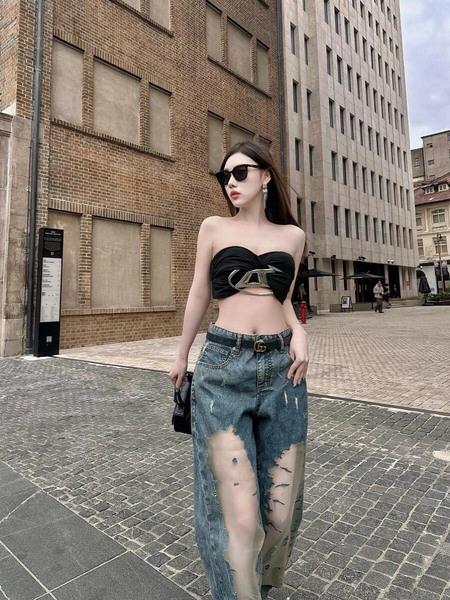 AMERICAN BABES RETRO HEAVY INDUSTRY NICHE CUT-OUT STITCHED JEANS WOMENS SUMMER NEW HIGH-WAISTED SLIM WIDE-LEG TROUSERS