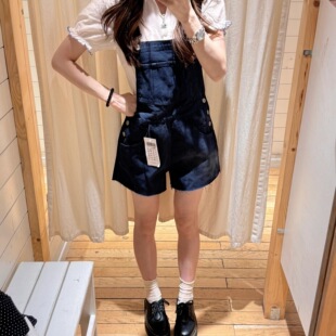 宽松直筒连体裤 美式 新款 女夏季 辣妹复古蓝色口袋毛边牛仔背带短裤