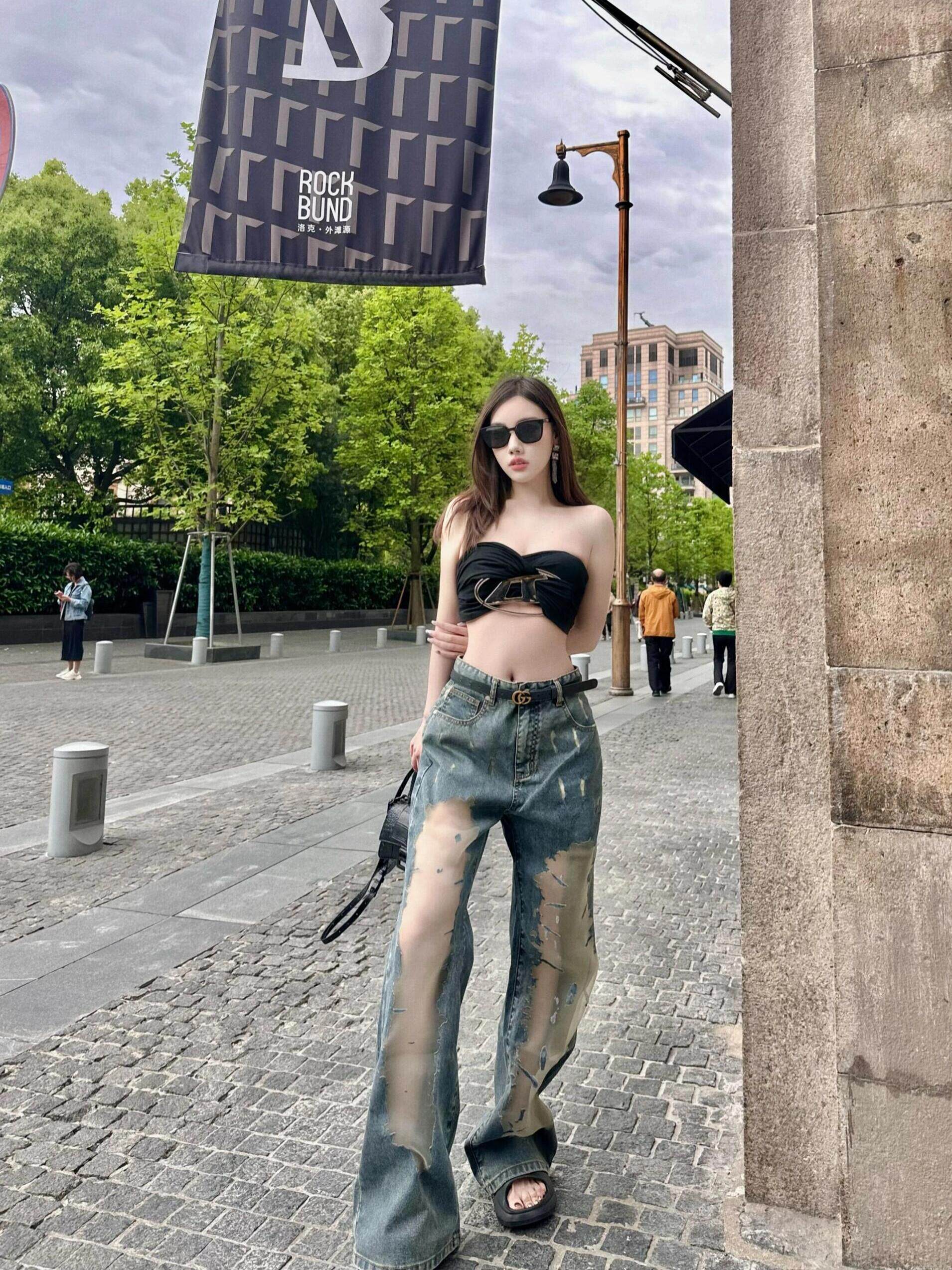 AMERICAN BABES RETRO HEAVY INDUSTRY NICHE CUT-OUT STITCHED JEANS WOMENS SUMMER NEW HIGH-WAISTED SLIM WIDE-LEG TROUSERS