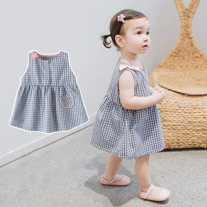 女童连衣裙夏季新款小童格子无袖背心裙超洋气裙子宝宝夏季公主裙