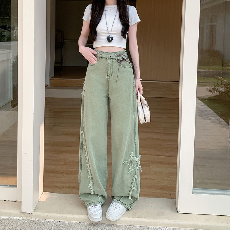 多巴胺穿搭绿色牛仔裤女春秋夏季新款小众设计感阔腿直筒长裤子潮
