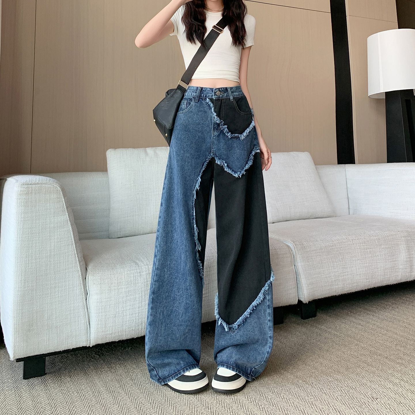 美式复古毛边爱心拼接撞色牛仔裤女春季新款设计感宽松直筒阔腿裤