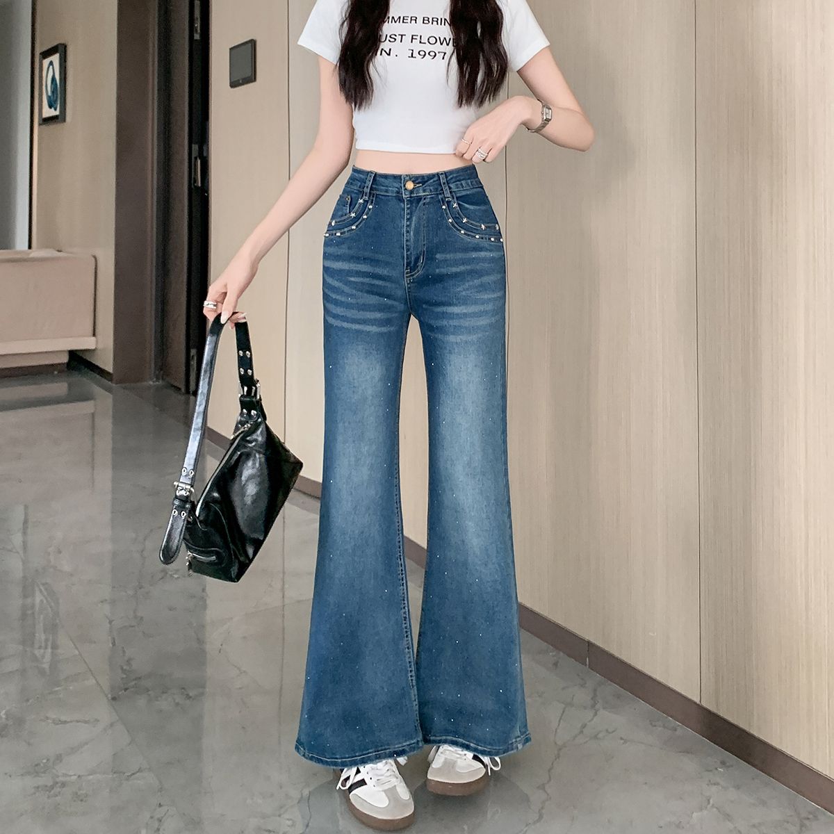 满天星带烫钻微喇牛仔裤女2026秋季新款修身高腰显瘦小个子喇叭裤