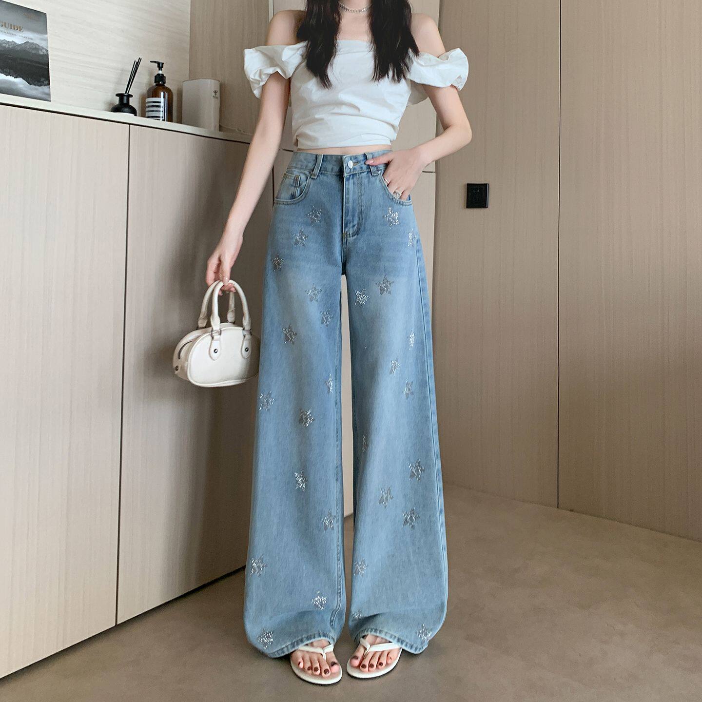 大码美式复古水洗星星烫钻牛仔裤女2026新款辣妹低腰宽松直筒长裤