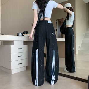 国潮痞帅泼墨做旧弯刀裤女秋解构拼接重工水洗设计感宽松阔腿长裤