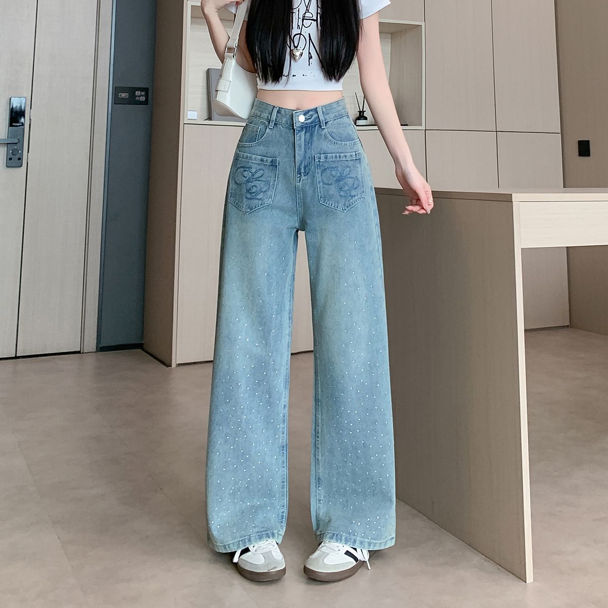 甜酷辣妹美式风烫钻牛仔裤女秋季新款重工满天星高腰宽松阔腿裤子