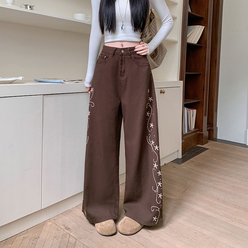 刺绣花设计感水洗牛仔裤女2026春秋新款高腰宽松显瘦直筒阔腿裤子