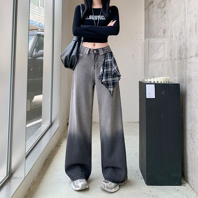 渐变高腰阔腿牛仔裤女2026新款小众美式复古黑色显瘦宽松直筒裤