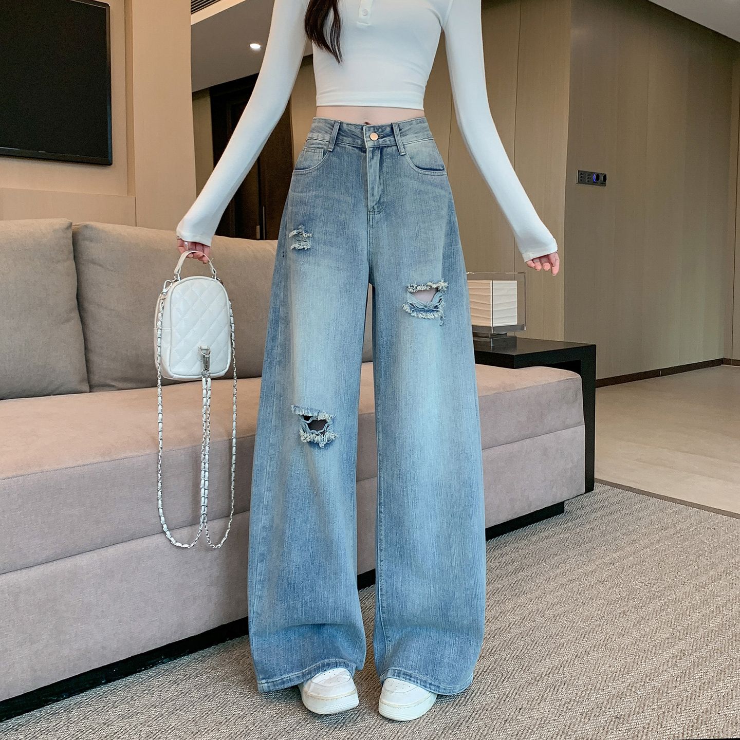 复古破洞牛仔裤女春秋小个子裤子2026新款高腰显瘦宽松直筒阔腿裤