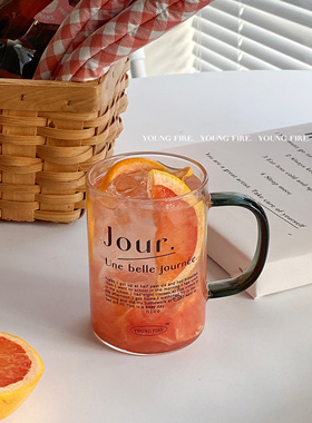 YOUNG FIRE 原创字母玻璃马克杯黑色把手高硼硅玻璃水杯咖啡杯