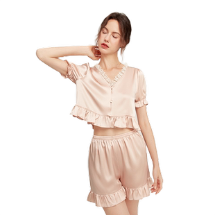 珊目尔2026年夏季新款真丝短袖睡衣女100%桑蚕丝简约蕾丝家居服