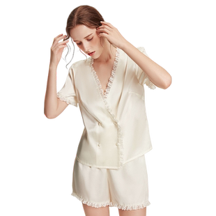 2026年夏季新款真丝短袖睡衣女士100%桑蚕丝复古双排扣蕾丝家居服