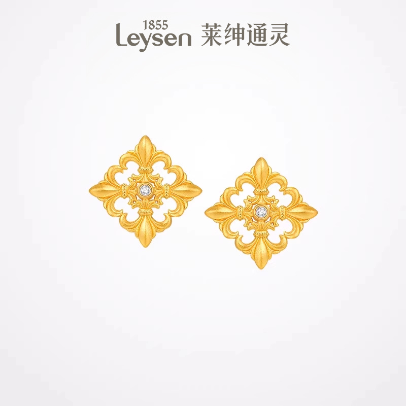 莱绅通灵传世金 鸢尾系列十字方形999足金5G古法黄金钻石耳钉耳环