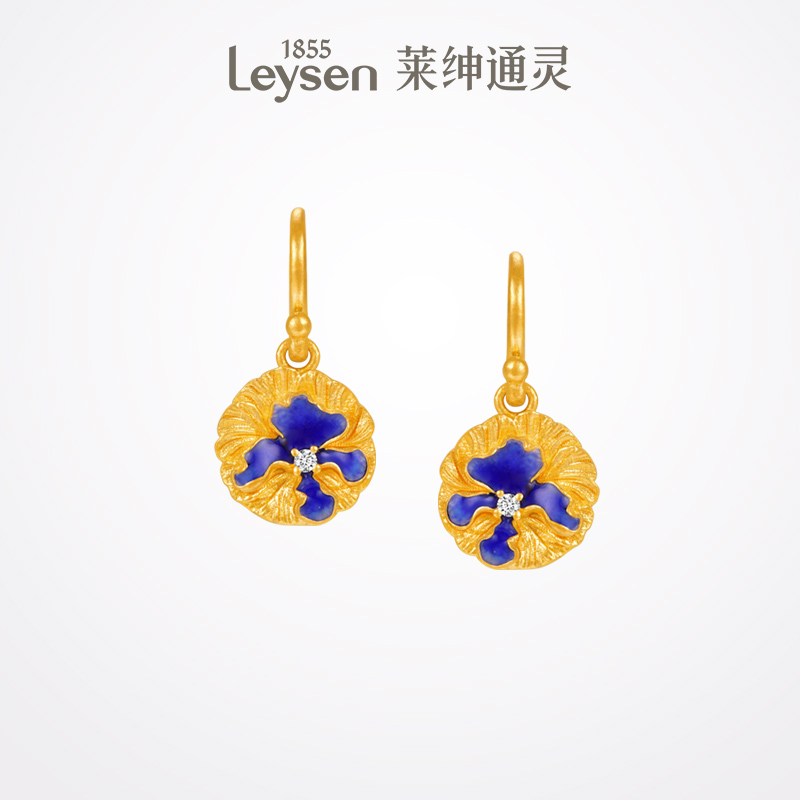 莱绅通灵足金黄金珐琅钻石耳环