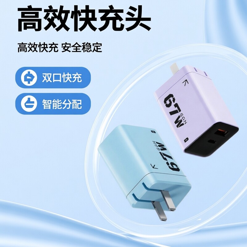 通用67W氮化镓快充头USB A+C双口充电器数据线套装5V9V12V15V3A/20V3.35A电源适配小米华为手机平板笔记本