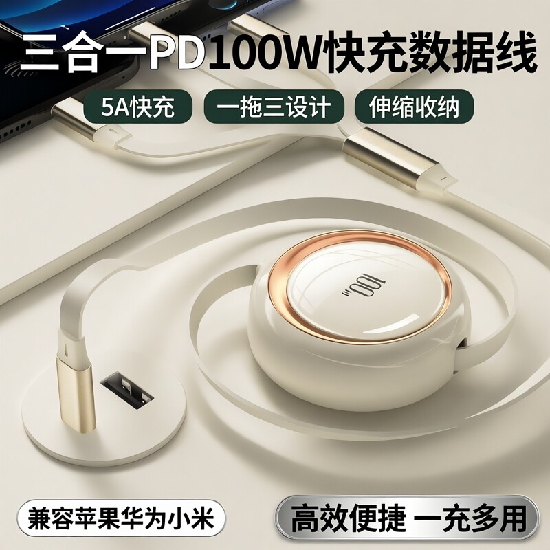 三合一PD100W快充数据线5A优质type-c一拖三伸缩收纳充电线适用于苹果华为小米安卓手机笔记本电脑车载