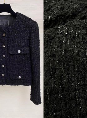 小香风布料 C家走秀款 高级黑色 手工编织混纺粗花呢服装面料