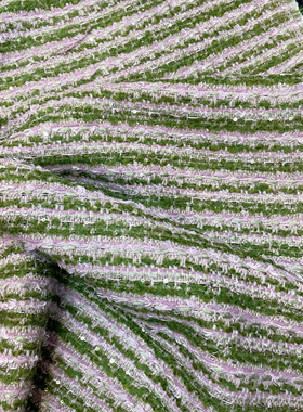 小香风布料 大牌同款 粉绿色羊毛编织混纺粗花呢服装面料