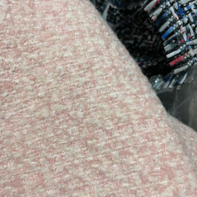 小香风布料 夏秋季新款 嫩粉色 羊毛手工编织混纺粗花呢服装面料