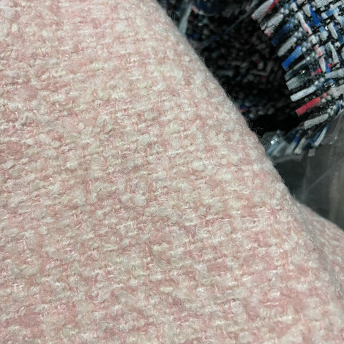 小香风布料 夏秋季新款 嫩粉色 羊毛手工编织混纺粗花呢服装面料