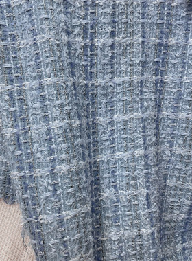 小香风布料春夏新品 高级色 蓝灰色 手工编织混纺粗花呢服装面料