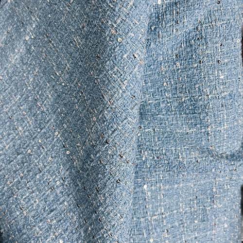 小香风布料 春季 冰川蓝 红色珠片  手工编织混纺粗花呢服装面料