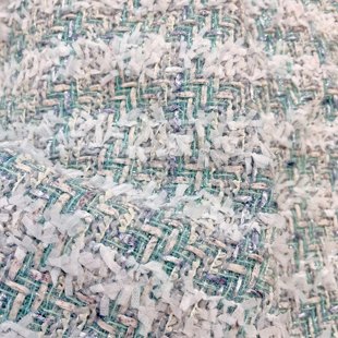 羽毛手工编织混纺粗花呢服装 小香风布料 蓝色 新品 面料 英伦风