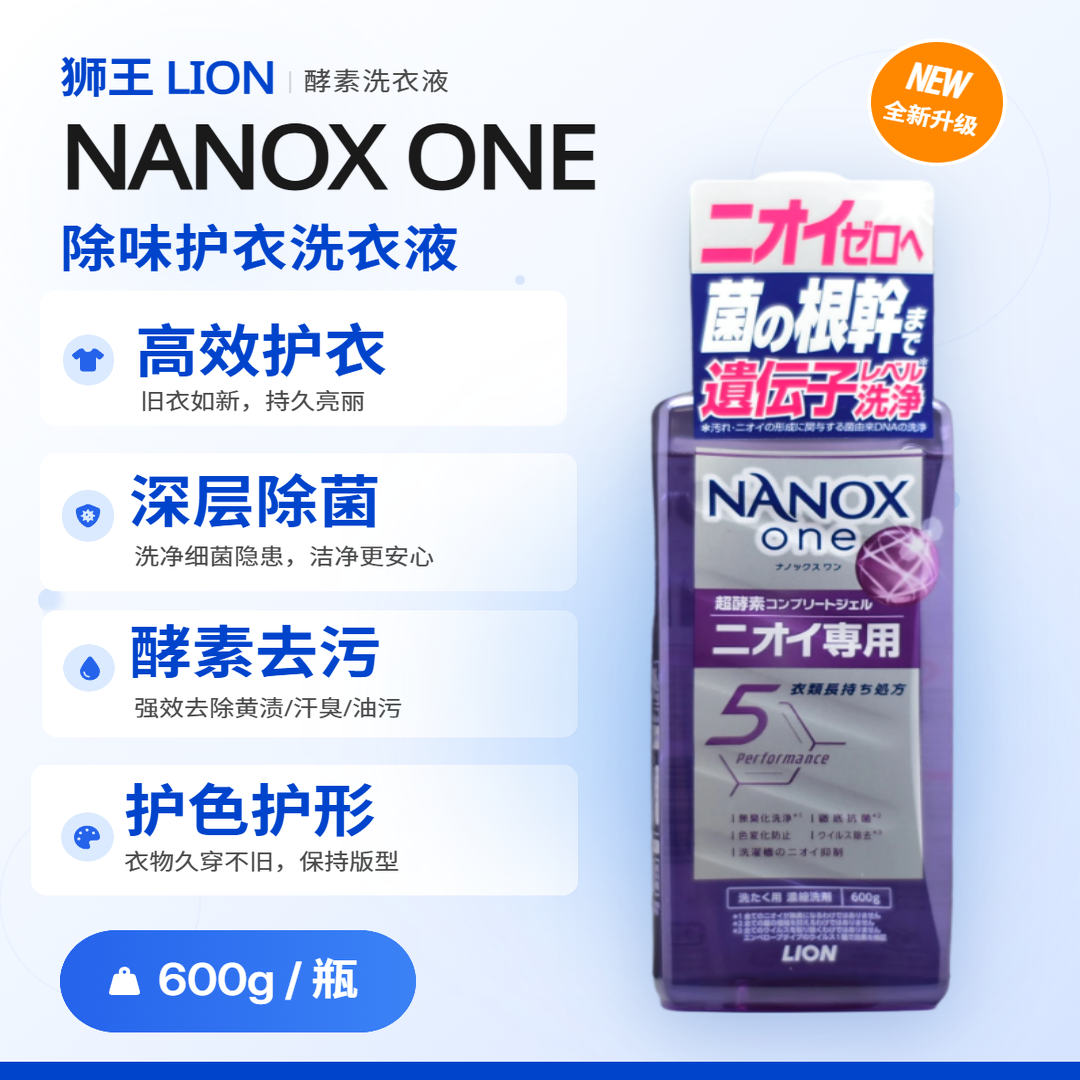 日本进口狮王NANOXone纳米乐消臭洗衣液除菌持久留香室内晾干600g