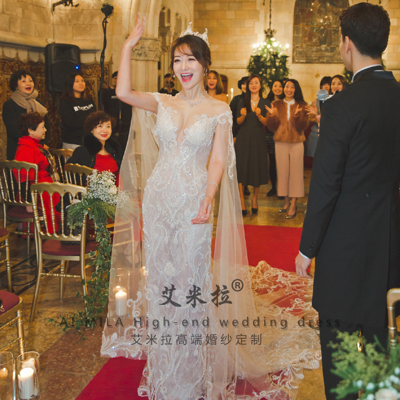 婚纱礼服陈紫函明星同款抹胸鱼尾包臀双肩吊带披肩深v镂空露背