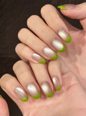 绿色西瓜法式猫眼显白春夏薄荷绿显白极简约夏日穿戴甲