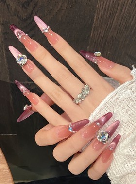 奶雾蔷薇梦幻紫色渐变长款法式猫眼温柔气质手工穿戴甲