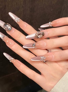 葡萄挂露紫色渐变猫眼爱心碎钻闪美甲可拆卸手工穿戴甲