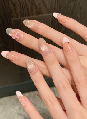 冰百合绝美冰花手捏立体桃粉法式春夏纯手工穿戴甲