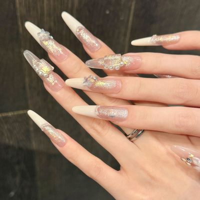 粉梦悸语裸粉色雕花细闪美甲纯手工可拆卸假指甲美甲