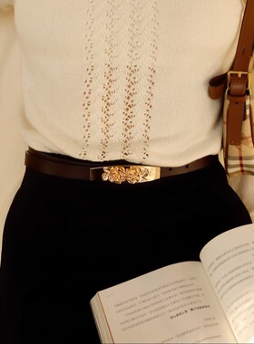 Blueblues sky 王子的玫瑰中古腰带 玫瑰金扣头复古法式真皮腰封