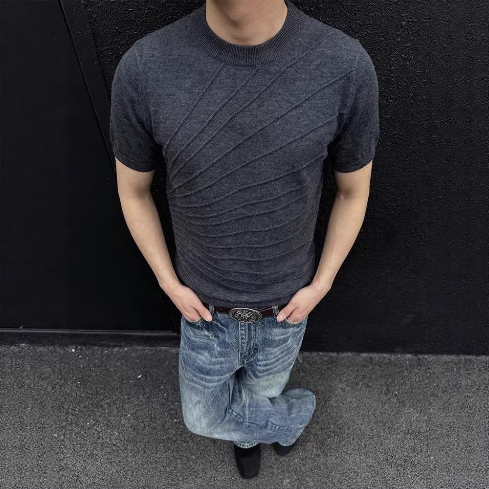 老钱风散线浮雕针织短袖男士秋季设计感正肩t恤cleanfit半截袖潮