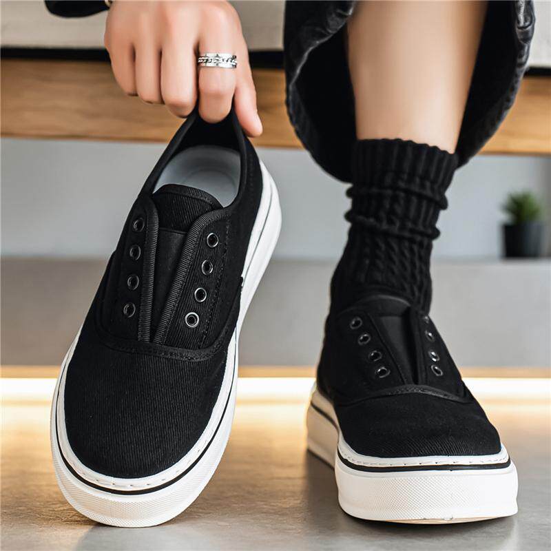 无鞋带鞋男式休闲布鞋青年白色帆布鞋一脚蹬低帮懒人不系带小白鞋