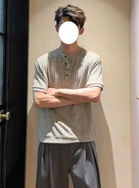 深灰色麻感亨利领t恤男秋季松弛感老钱风短袖polo衫美式正肩半袖