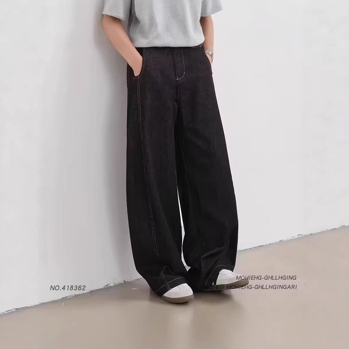 美式复古黑色弯刀阔腿牛仔裤男hiphop潮牌宽松高级感直筒拖地长裤