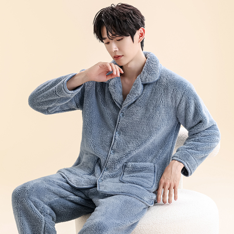 男士珊瑚绒睡衣男款家居服加绒加厚开衫法兰绒保暖套装可外穿