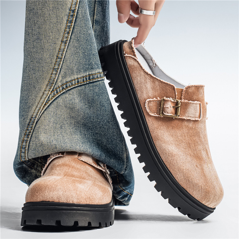 一脚蹬勃肯鞋男春夏小众设计感牛仔布休闲百搭外穿包头拖女潮鞋子