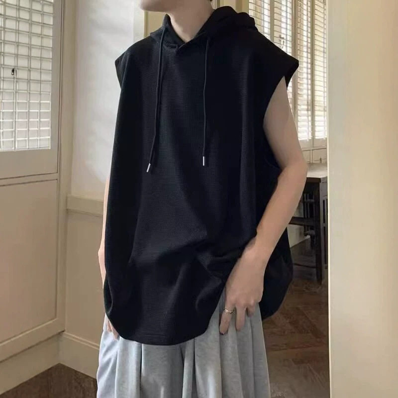 华夫格连帽背心男秋季潮牌ins高街宽松坎肩无袖卫衣运动健身T恤衫