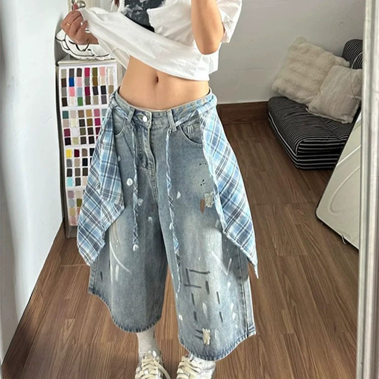 美式复古格纹七分牛仔裤男女夏季八分中裤高腰阔腿直筒梧桐短裤子