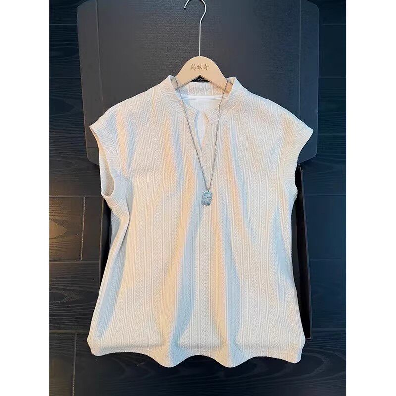 美式麦穗纹V领背心短袖男款夏季潮牌无袖t恤cleanfit宽松运动坎肩