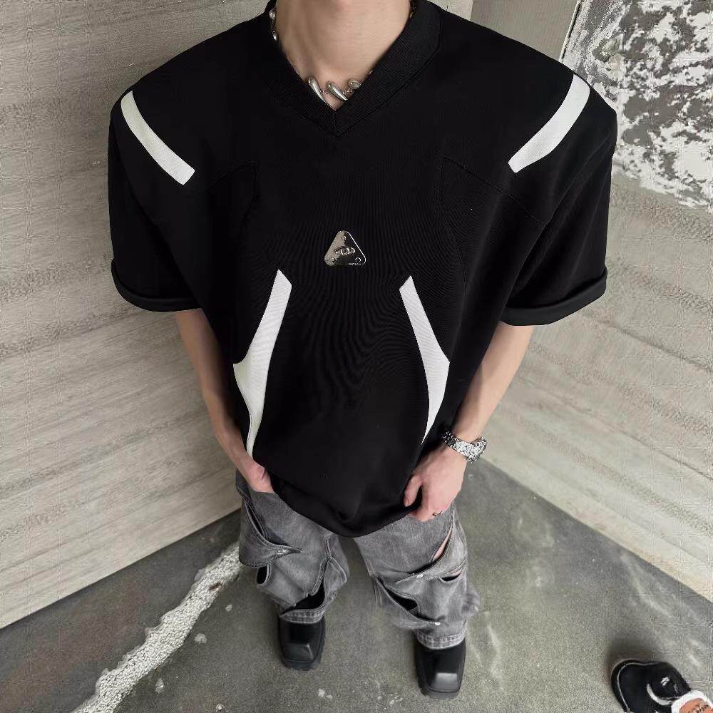 夏季小众解构分割垫肩短袖拼接设计感T恤高级潮流情侣款半袖上衣