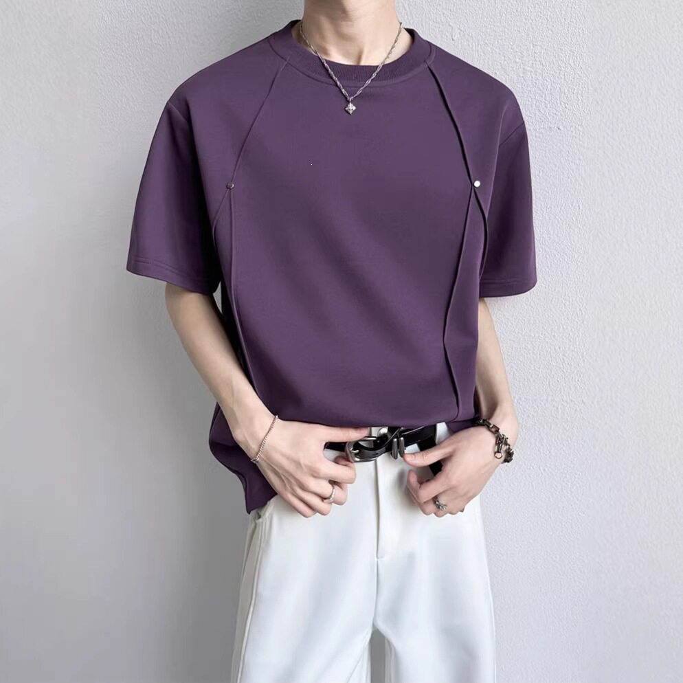 重磅紫色短袖t恤男设计感铆钉分割解构正肩上衣夏季新款半袖体恤