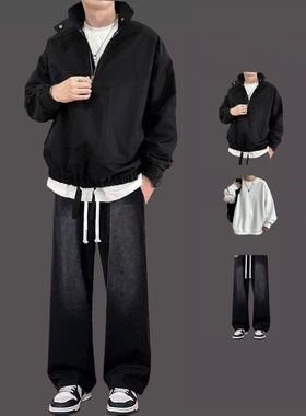 春秋新款男装黑色宽松休闲夹克外套男款潮流帅气百搭上衣